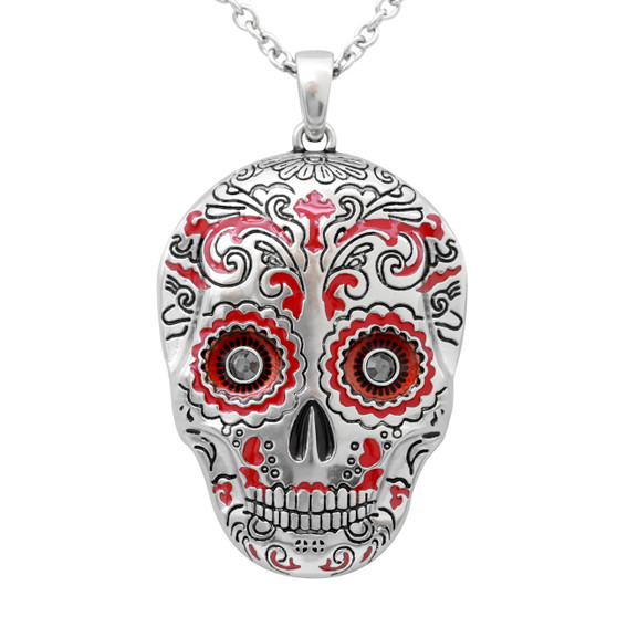 Red Sugar Skull Necklace with two Jet Hematite Crystals - Muerte Roja 