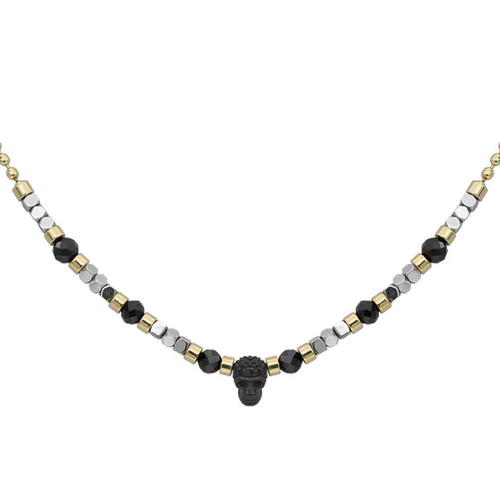 Black Spinel beads with Silver color hematite beads skull necklace - Gold plated