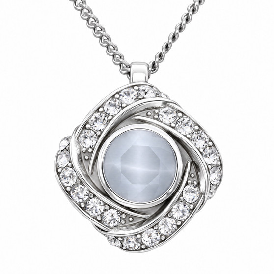 Bluish Gray Cat’s Eye Necklace Silver Plated Stainless Steel 24 Crystals