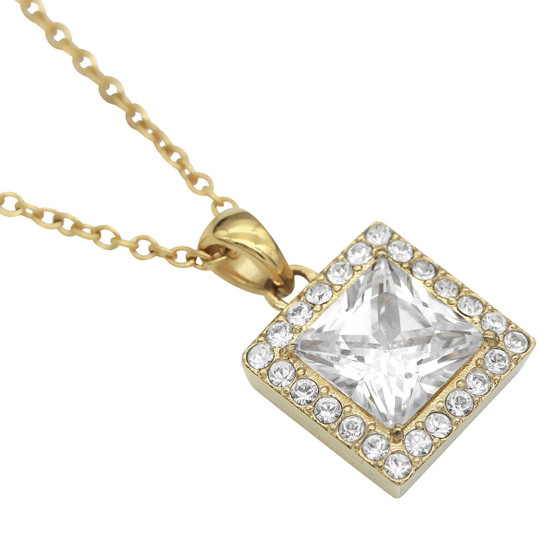 Gold Plated Necklace with 4.25 Ct. Square CZ and 24 clear Crystals Necklace