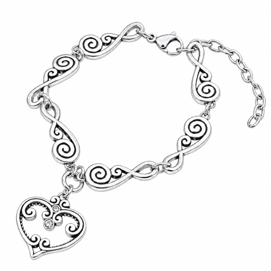 Silver-Plated Stainless Steel Heart Charm Bracelet, 2 Clear Crystals, 7–8"