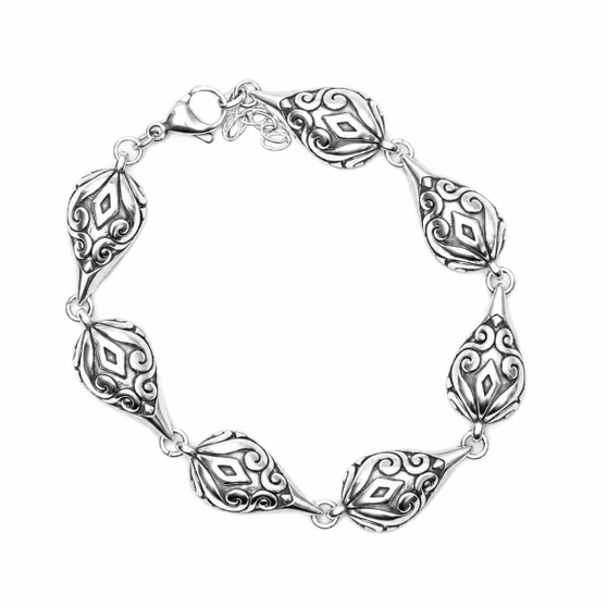 Engraved Teardrop Link Bracelet Silver-Plated Stainless Steel 7–8"