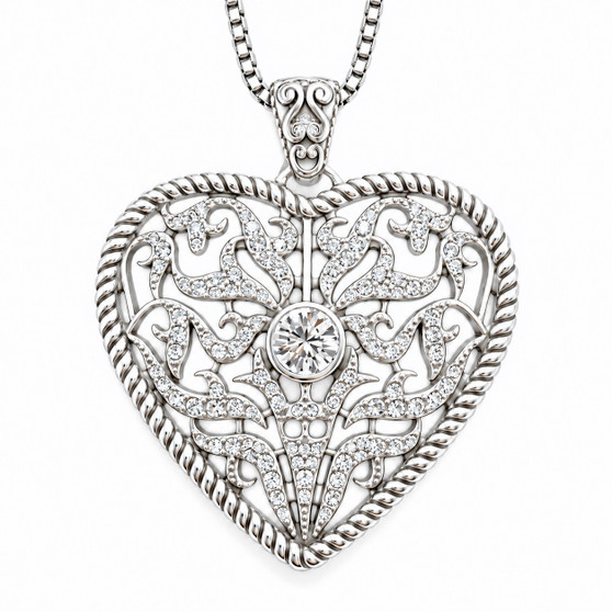 Silver-Plated Openwork Heart Necklace 112 Clear Crystals Stainless Steel