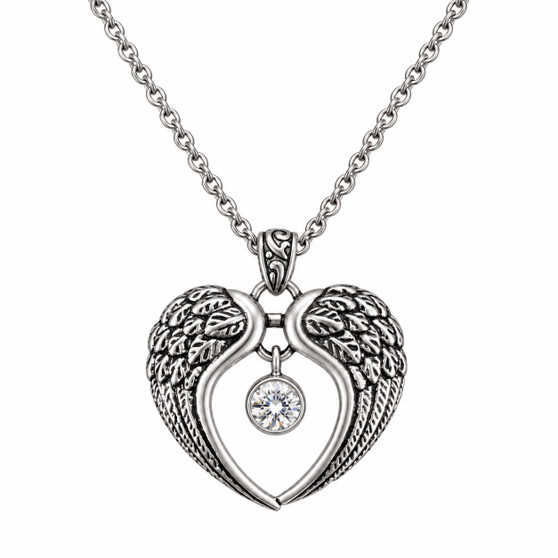 Angel Wings Heart Necklace White Crystal 316L Stainless Steel 16–18"