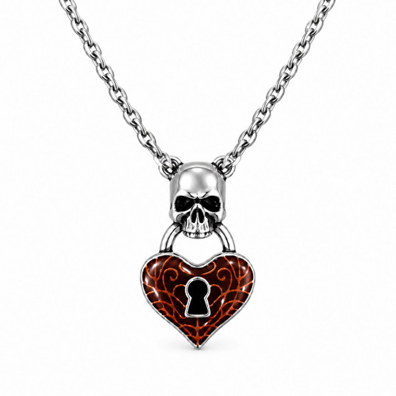Gothic Skull Heart Lock Necklace Red Epoxy 316L Stainless Steel
