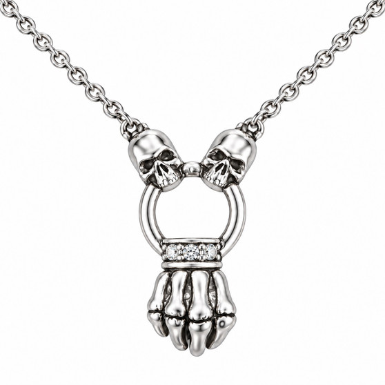 Skull & Fist Pendant Necklace 316L Stainless Steel 6 Clear Crystals