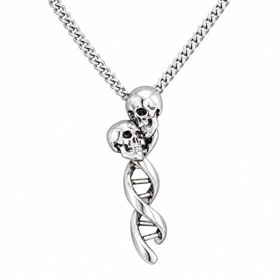 Double Skull DNA Helix Pendant Necklace 316L Stainless Steel 16–18" Gothic