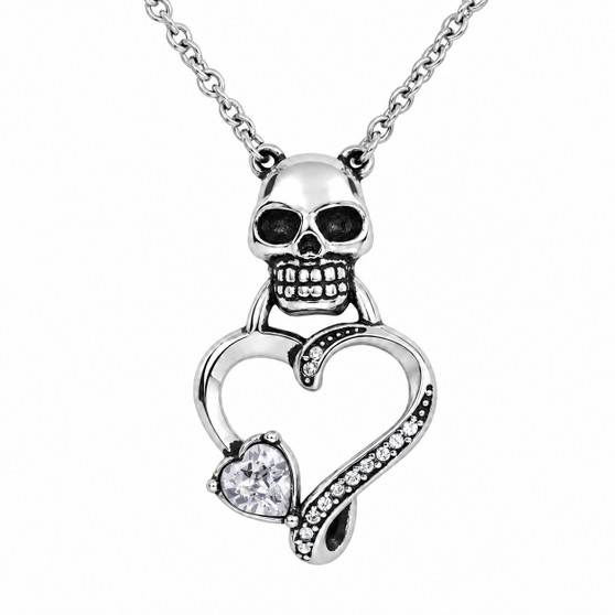 Skull Heart Necklace White Clear Crystals 316L Stainless Steel 17–19"