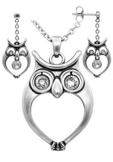 Watchful Owl Necklace & Earrings Set with Swarovski Crystals