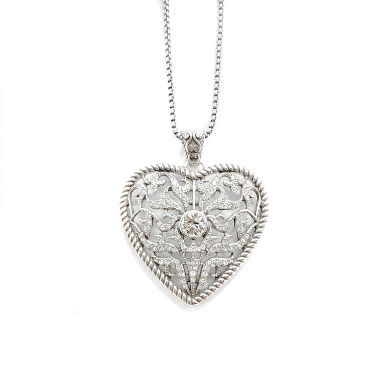 Silver-Plated Hollow Filigree Heart Necklace with Clear Crystals