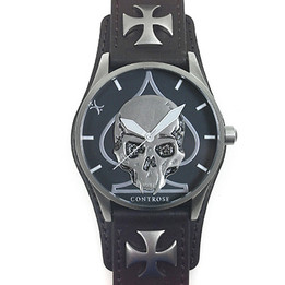 SKULL & SPADE WATCH - BROWN LEATHER WRISTBAND