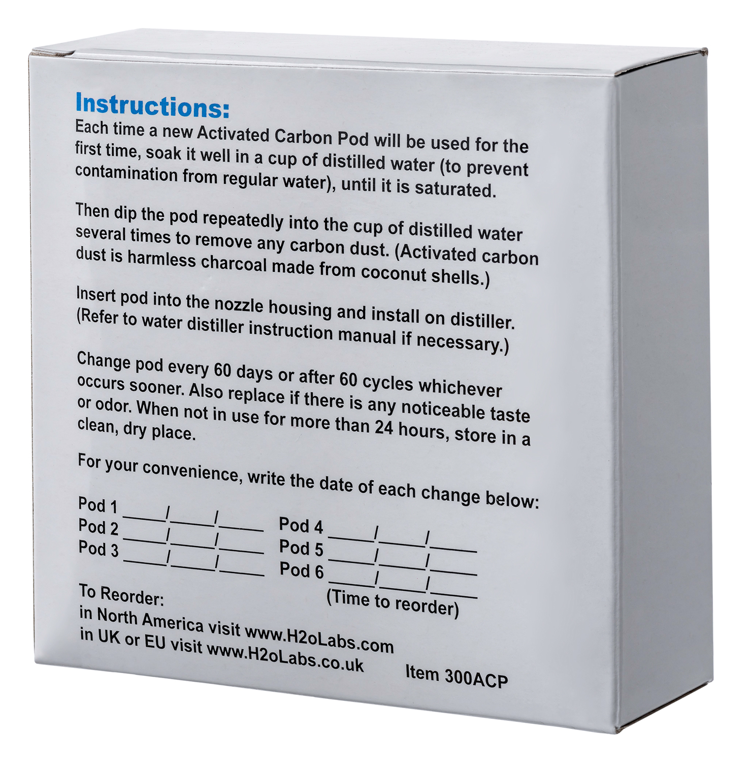 Activated Carbon Pods for H2o Labs Models 100, 100SS, 300, 300SS