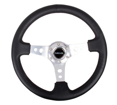 NRG Reinforced Steering Wheel (350mm / 3in. Deep) Blk Leather w/Silver Spoke & Circle Cutouts - RST-006SL NRGRST-006SL NRG