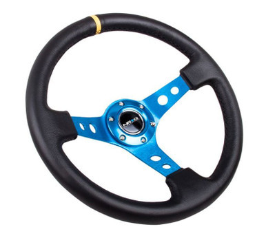 NRG Reinforced Steering Wheel (350mm / 3in. Deep) Blk Leather w/Blue Cutout Spoke & Single Yellow CM - RST-006BL-Y NRGRST-006BL-Y NRG