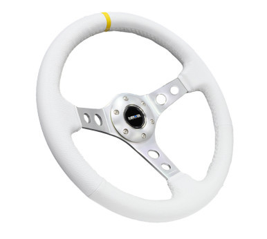 NRG Reinforced Steering Wheel (350mm / 3in. Deep) Wht Leather w/Silver Spoke & Single Yellow Mark - RST-006WT-Y NRGRST-006WT-Y NRG
