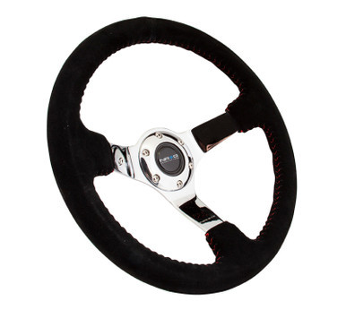 NRG Reinforced Steering Wheel (350mm / 3in. Deep) Blk Suede w/Red BBall Stitch & Chrome 3-Spoke - RST-036CH-S NRGRST-036CH-S NRG