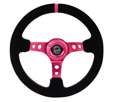NRG Reinforced Steering Wheel (350mm/ 3in. Deep) Black Suede/ Fushia Center Mark/ Fushia Stitching - RST-006S-FH NRGRST-006S-FH NRG