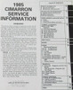 1985 Cadillac Cimarron Service Information Table of Contents