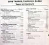 2009 Ford Taurus, Taurus X, Mercury Sable Workshop Manual Table of Contents 2