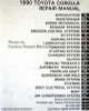 1990 Toyota Corolla Repair Manual Table of Contents
