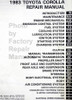1982 Toyota Corolla Repair Manual Table of Contents