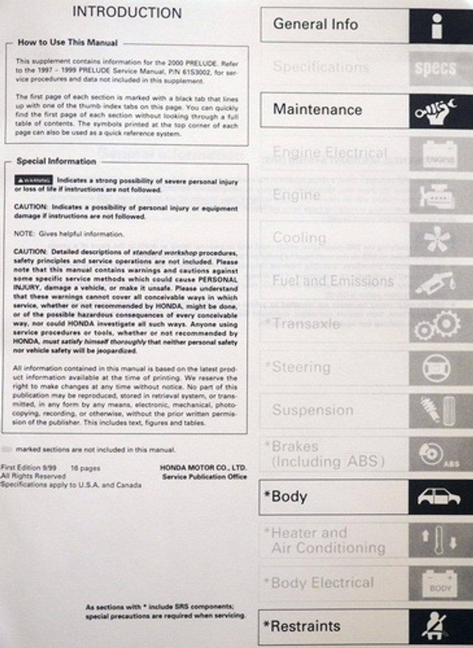 2000 Honda Prelude Factory Service Manual Supplement Original Factory