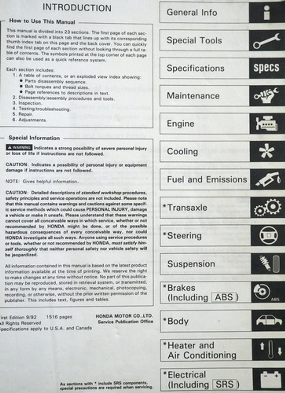 1993 Honda Prelude Factory Service Manual Original Shop Repair