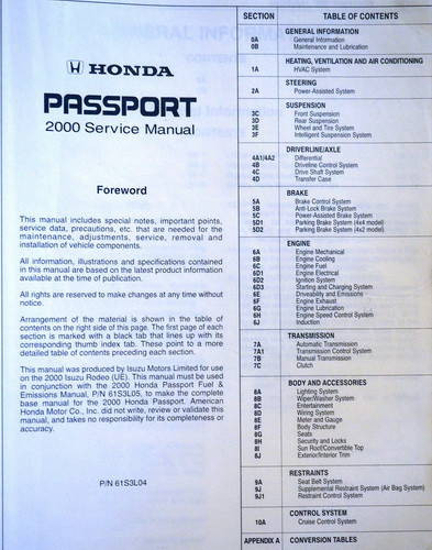 2000 Honda Passport Service Manual Table of Contents