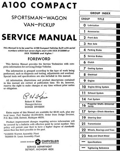 Dodge Compact A-100, A-108 Service Manual