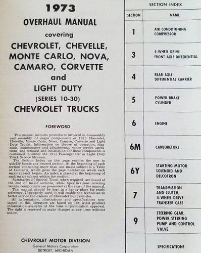 1973 Chevy Car and Light Duty Truck Overhaul Repair Manual Table of Contents