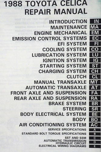 1988 Toyota Celica Repair Manual Table of Contents