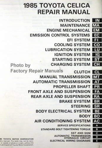 1985 Toyota Celica Repair Manual Table of Contents