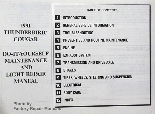 1991 Ford Thunderbird and Mercury Cougar Maintenance & Light Repair Manual Table of Contents