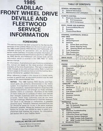1985 Cadillac Deville and Fleetwood Service Information Table of Contents