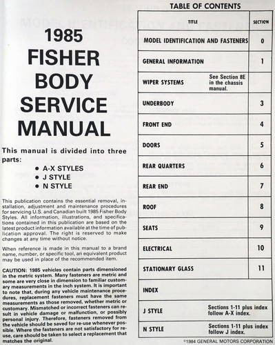 1985 Fisher Body A-X and J and N Styles Service Manual Table of Contents