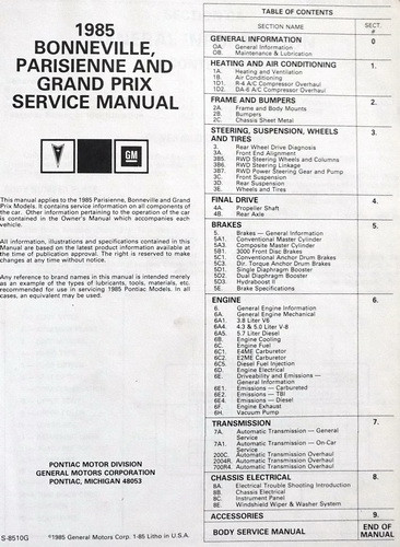 1985 Pontiac Grand Prix Bonneville Parisienne Service Manual
