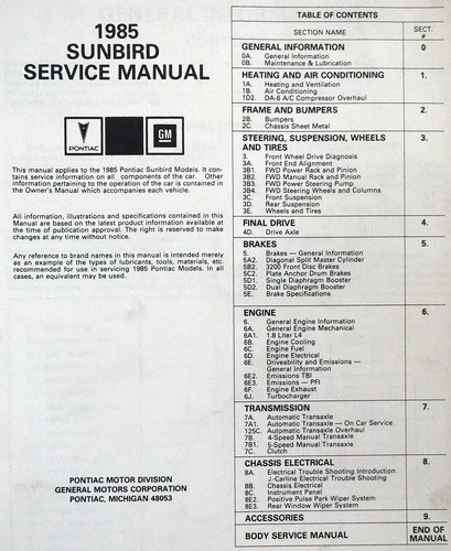 1985 Pontiac Sunbird Service Manual