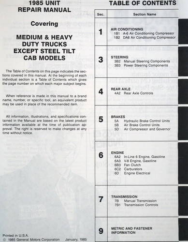 1985 GMC Medium, Heavy Duty Truck Unit Repair Overhaul Manual Table of Contents