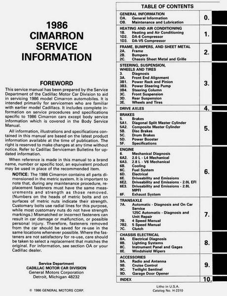 1986 Cadillac Cimarron Service Information Final Edition