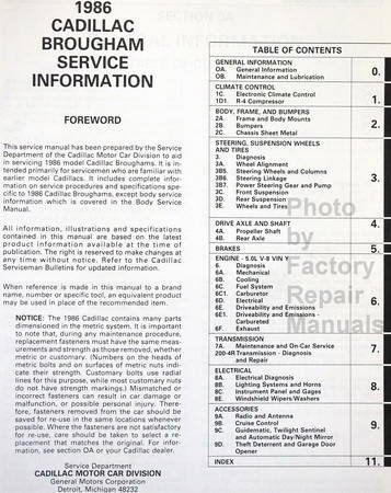 1986 Cadillac Service Information Manual Final Edition Fleetwood Brougham Table of Contents