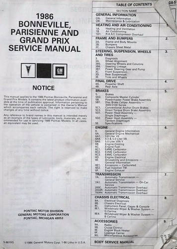 1986 Pontiac Bonneville Grand Prix Parisienne Service Manual Table of Contents