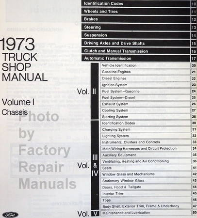 1973 Ford Truck Bronco Bus Shop Manual Table of Contents Volume 1 Chassis