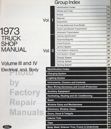 1973 Ford Truck Bronco Bus Shop Manual Table of Contents Volume 3 and 4 Body and Electrical