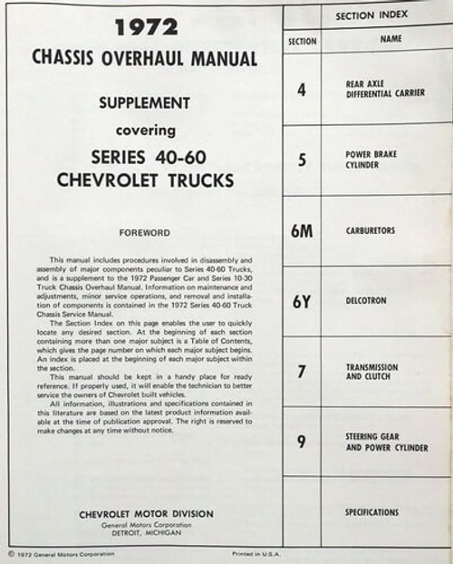 1972 Chevrolet Series 40-60 Series Truck Supplement Overhaul Manual