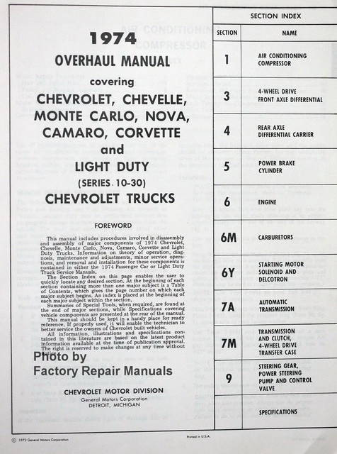 1974 Chevrolet Passenger Cars and Light Duty Truck Overhaul Manual Table of Contents