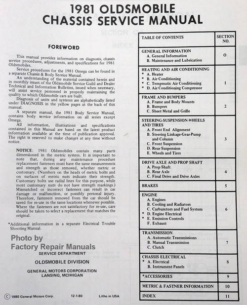 1981 Oldsmobile Service Manual Table of Contents
