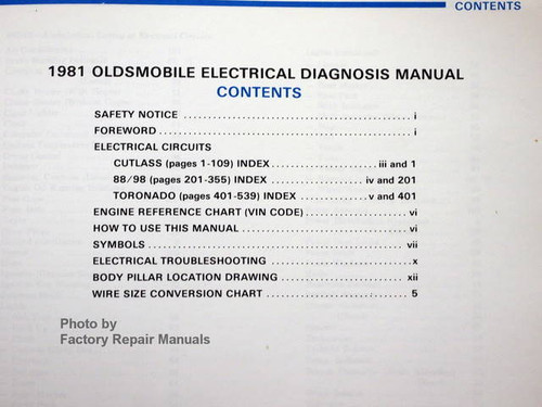 1981 Oldsmobile Electrical Troubleshooting Manual Table of Contents