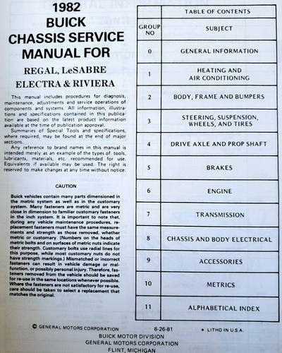 1982 Buick Regal LeSabre Electra Riviera Chassis Service Manual