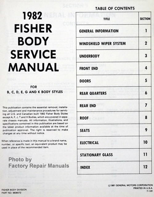 Fisher Body Service Manual 1982 Table of Contents