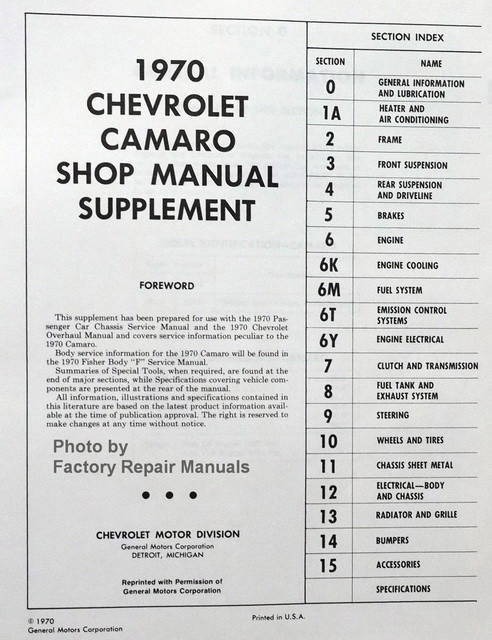 1970 Chevy Camaro Service and Overhaul Manual Supplement Table of Contents